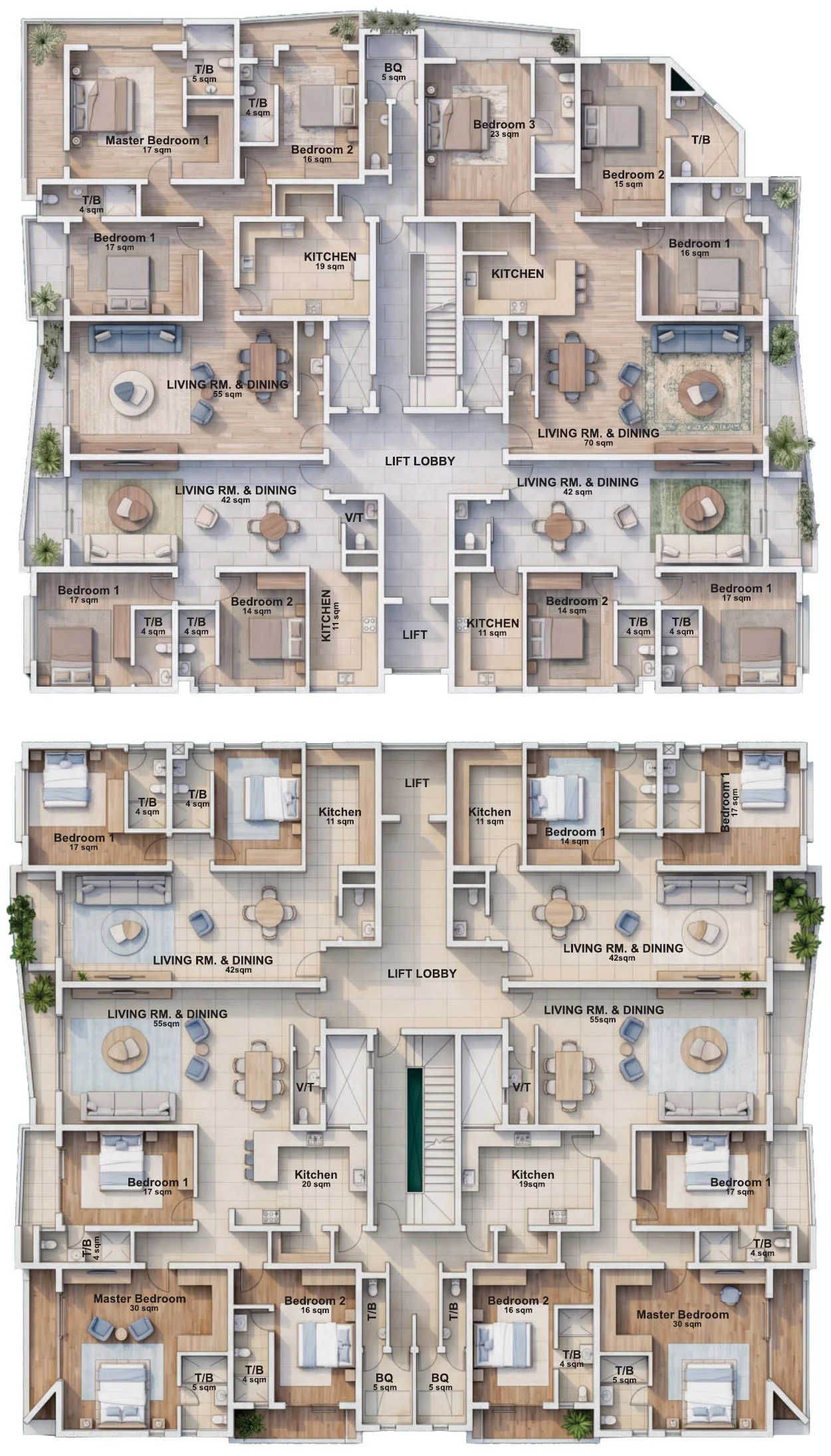 Typical first to fifth floor plan showing two and three bedroom apartments around the lift lobbies